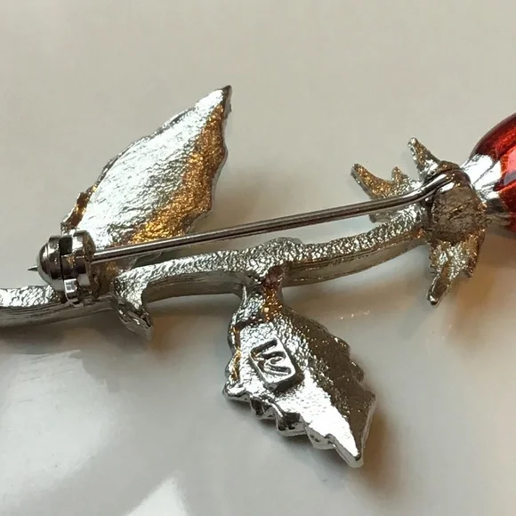 Vintage Enameled Rose Pin Flower Brooch Signed Silver Tone - Picture 5 of 10